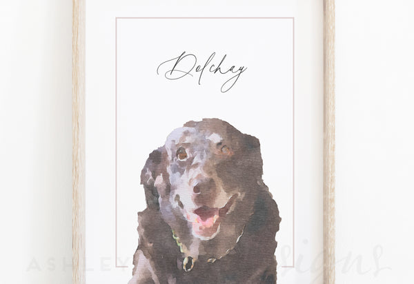 This is a photo example of a custom watercolor dog portrait of a chocolate lab.
